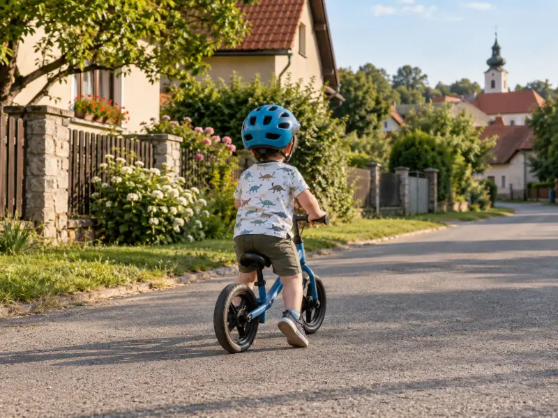 Dítě s přilbou na odrážedle na klidné vesnické ulici