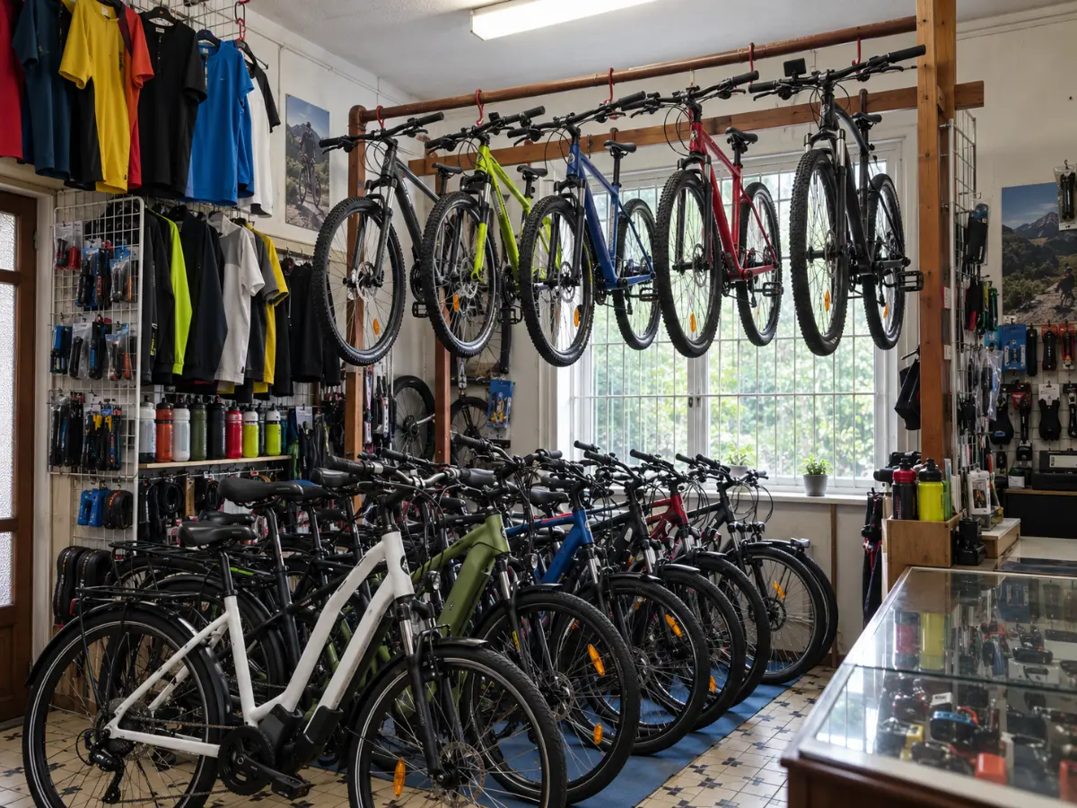 Prodejna CYKLOSPORT – kola zavěšená u stropu a řady kol